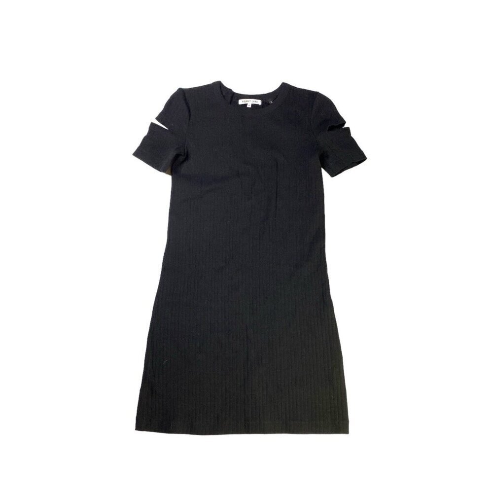 Helmut Lang Womens Size Xsmall Black Ribbed Knit Split Sleeve Pullover Dress EUC